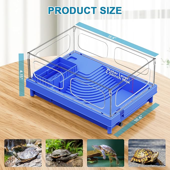 Turtle Tank Starter Kit with Filter, 10 Gallon Aquarium, Easy to Install & Clean, Basking, Feeding & Swimming Areas for Small Turtles