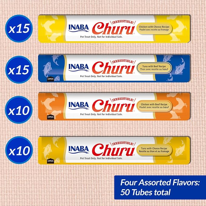 INABA Churu Cat Treats, Lickable, Squeezable Creamy Purée Cat Treat with Green Tea Extract & Taurine, 0.5 Ounces Each Tube, 50 Tubes, Beef & Cheese Variety - Image 6