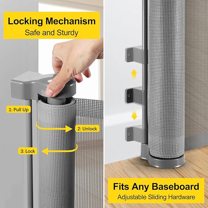 195 Inch Retractable Baby Gates Extra Wide Dog Gate for Large Openings 33" Tall Extra Large Retractable Dog Gates for The House Indoor/Outdoor Child Gate Mesh Pet Gates for Dogs Garage Deck Gate, Grey