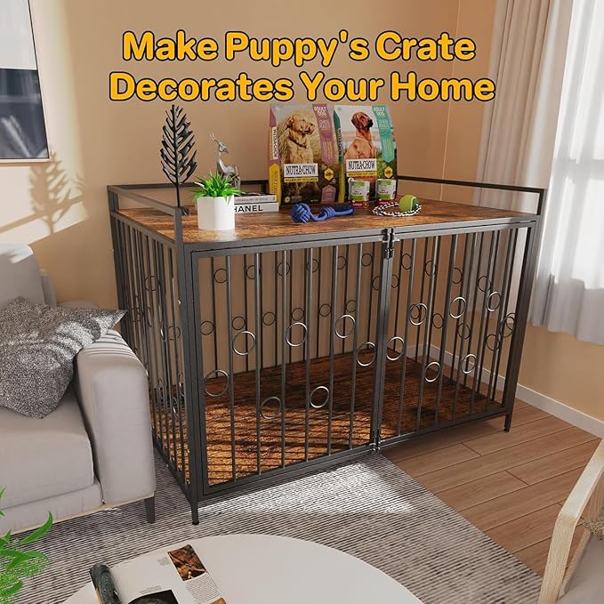 48 Inch XL Dog Crate Furniture for Extra Large Dogs, Heavy Duty Wooden Dog Kennel Table with Storage Shelf, Unique Modern Round Decorative Pet Crate End Table, Sturdy Indoor Dog House