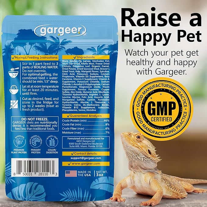 Gargeer 3oz Bearded Dragon Food. Complete Gel Diet for Both Juveniles and Adults. Proudly Made in the USA, Using Premium Ingredients, Fortified Gourmet Formula. Enjoy!