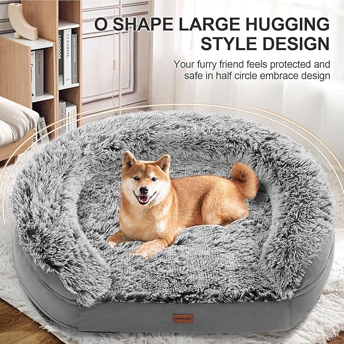 iweepet 3.7 inch Thickened Orthopedic Dog Beds for Large Dogs, Fluffy Supportive Dog Sofa Bed with 28D Egg-Crate Foam, Removable Washable Plush Cover, Waterproof Lining, Cozy Oval Design, Grey
