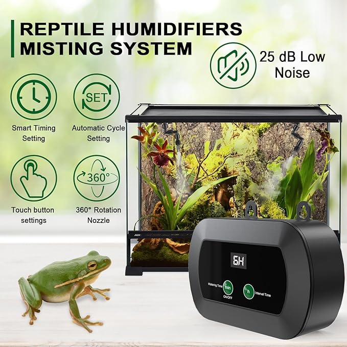 Lewisia Reptile Humidifier with Timer, 360° Rotating Nozzles Misting System Reptile Fogger Mister for Amphibians Chameleons Snakes Frogs Rainforest Plants