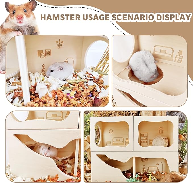 Hamster Hideout Wooden House,Hamsters Multi Chamber Hideout,Small Animal Habitat for Clear Observation,Hamster Toys for Dwarf Hamstersm,Gerbils, Hedgehogs, Rats, Mice