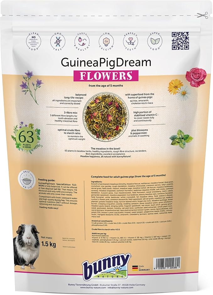 Bunny Nature Guinea Pig Food Pellets GuineaPigDream Flowers, 63 Herbs, Stabilized Vitamin C, Rose Petals, Peppermint, High Fiber, Grain Free, Digestive - 3.3 lbs