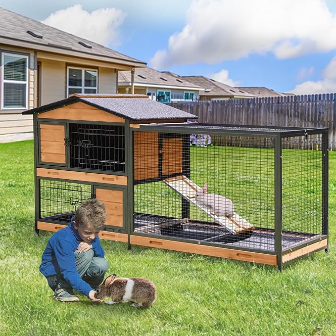 Suumerpety Rabbit Cage,Indoor Rabbit Hutch with Matel Frame and Pull Out Tray,Rabbit Hutch Chicken Coop with Run (Orange)