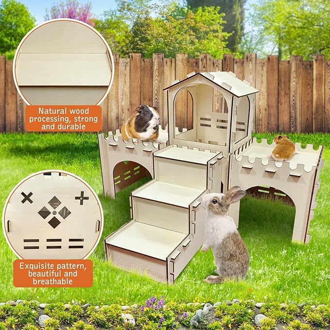 PINVNBY Extra Large Bunny Castles Hideout, Wooden Rabbit House Hide Climbing Detachable Indoor Wooden Hideaway Castle Tower Tunnel for Small Animal Rabbit Bunny Guinea Pig Hamster Chinchilla Ferret