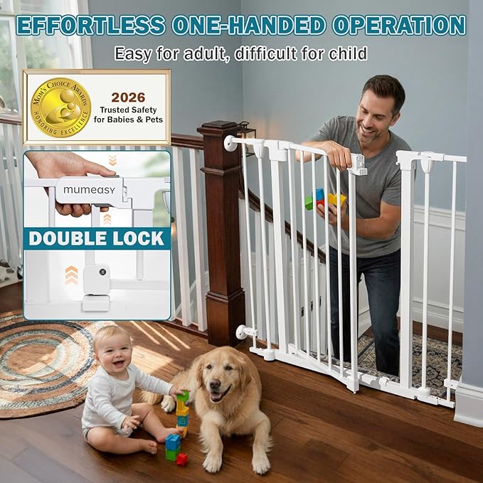 Mumeasy 80" Extra Wide Baby Gate for Doorways, Stairs & Fireplace, Auto Close Dog & Pet Gate with Walk Thru Door, 3 Metal Panels, Hardware Mounted Child Safety Fence for House, Indoor/Outdoor, White