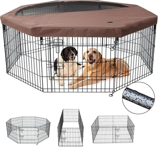 NEZUC Foldable Metal Dog Exercise Playpen Gate Fence Dog Crate 8 Panels 24 Inch Height Puppy Kennels with Top Cover/Bottom Pad for Animals Outdoor Indoor (Playpen+Top Cover, Brown, 36" H)