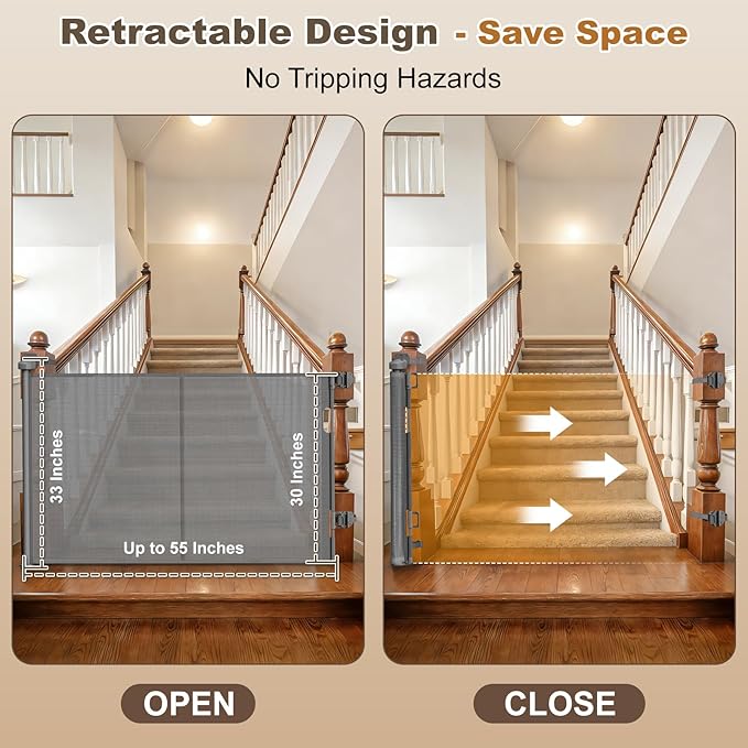 Upgraded Retractable Baby Gates for Stairs & Banister, Mesh Dog Gate Indoor, Extends to 55" Wide 33" Tall, Child Safety Gate for Stairway, Banister & Wall Mount (Gray)
