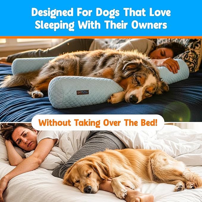 DenMate - On-Bed Dog Bed for Medium/Large Dogs (26x40), Stabilizing 100% Cotton Bolsters for Night Movement, Improves Comfort & Sleep for Dogs & Owners, Machine Washable Pet Mattress (Blue)
