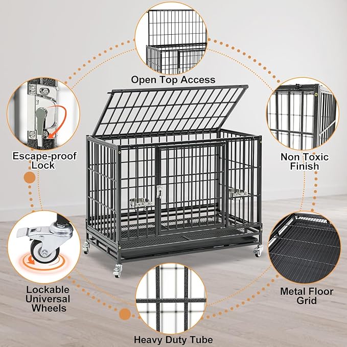 Homey Pet Three Tiers 37 Inch Dog Crate, Escape Proof Dog Cage Kennel Indoor with Top Access and Lockable Wheels, Removable Tray, Heavy Duty Dog Crates for Medium/Small Dogs