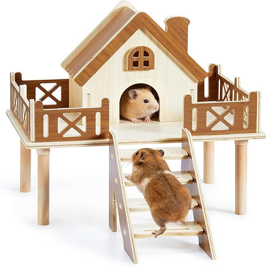 Wooden Hamster Platform and Dwarf Hamster House, Hamster Cage Platform With Climbing Ladder, Cute Syrian Hamster Hideout, Hamster Cage Accessories Platform for Putting Food Bowl, Hamster Gerbil Castle