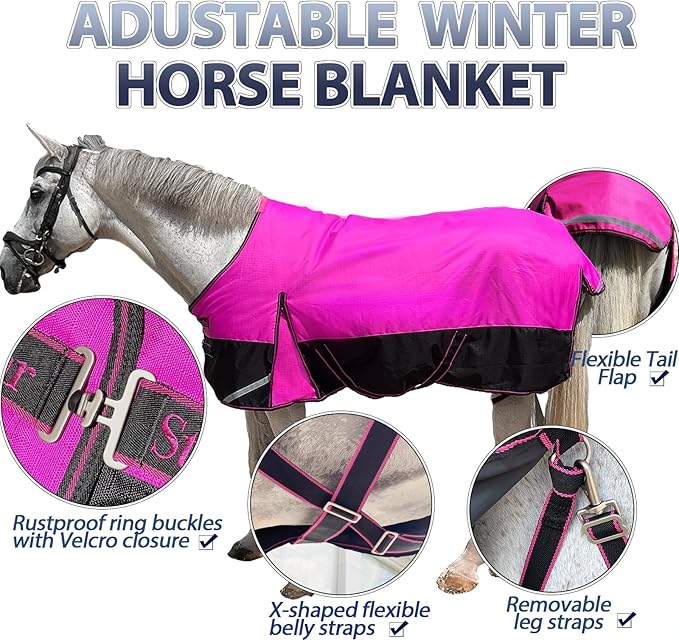 300g Fill 1200D Mid-Heavy Weight Winter Waterproof and Breathable Horse Blanket Belly Straps| Turnout Blankets with Reflective Strips (Hot Pink/Black, 72'')