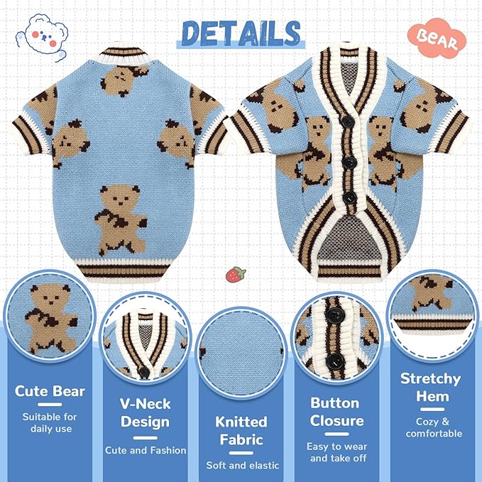 ABRRLO Small Dog Sweaters Cute Bear Dog Cardigans Clothes for Small Medium Dogs Boy Girl Puppy Cat Knitting Cardigan Outfits Dogs Winter Coats Warm Pet Doggy Clothes Soft Knitwear Apparel (Blue,L)