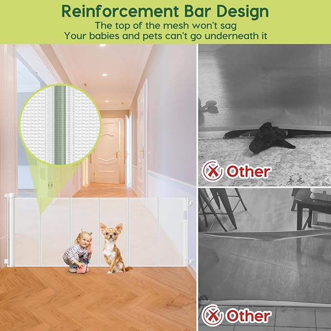 Reinforced 80 Inch Extra Wide Retractable Baby Gate with Support Rods, Indoor/Outdoor Retractable Pet Gates for Wide Openings, 33” Tall Mesh Dog Gate Indoor Extra Long Baby Gates for Decks, White