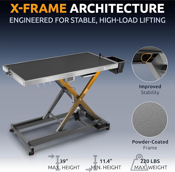 KANIS Professional Electric Dog Grooming Table - Heavy Duty, Height Adjustable Pet Grooming Table w/Leveling Wheels, Dog Grooming Arm, Anti-Slip Tabletop & Tool Organizer (Grey, 49")