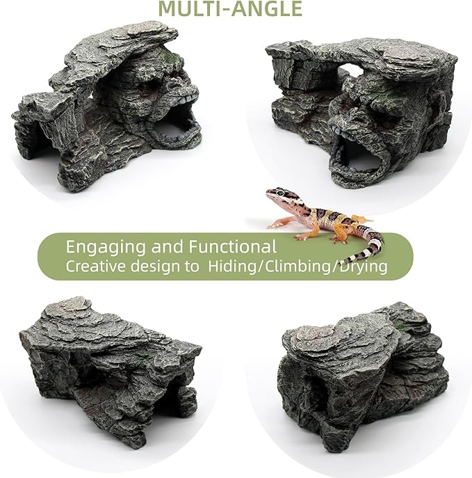 Gecko Hide Shale Scape Step Ledge, Reptile Rock Basking Platform Cave Hideout Tank Accessories Decorations, Great for Reptiles, Amphibians, Leopard Gecko, Snake, Lizard, Frogs, Turtle