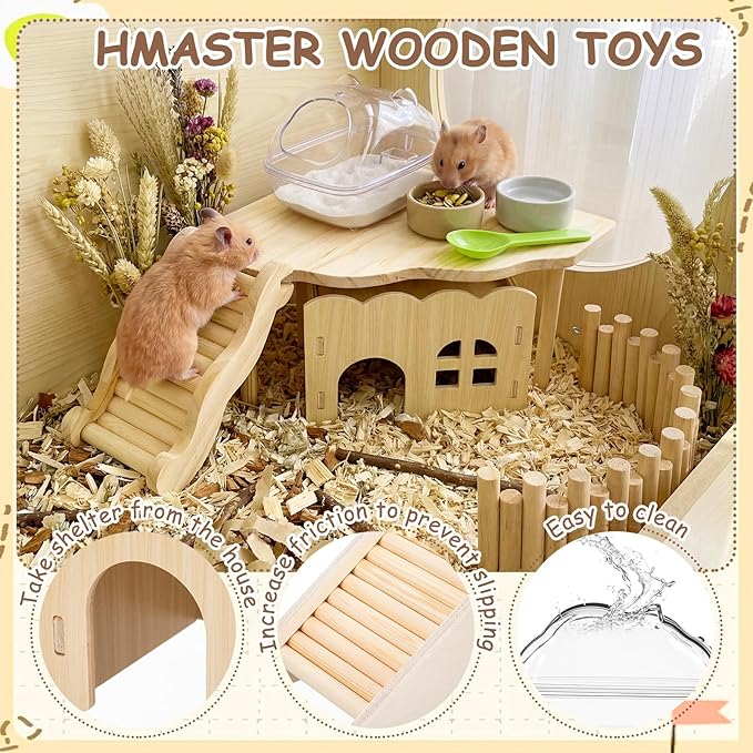 Qunclay 5 Pcs Hamster Platform Wooden Ladder Play Hidden House Game Climbing Toy with Hamster Bath Container Decor Cage Accessories for Dwarf Syrian Mice Degus Gerbils Squirrel and Small Animals