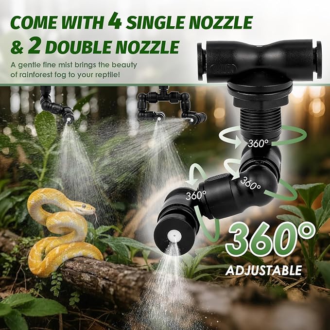 LANUEVA Reptile Humidifier, Quieter Terrarium Mister System with 4 Single Misting Nozzle 360°Adjustable+2 Misting Nozzle, Reptile Fogger Sprayer System for Reptile Tank, Chameleon, Lizard, Snake, Frog