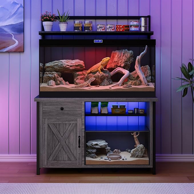 Reptile Tank Stand with Power Outlet, Terrarium Stand with Storage Cabinet, 49" X 20" Tabletop, Aquarium Stand with LED Lights, Reptile Terrarium,Turtle Tank (Gray)