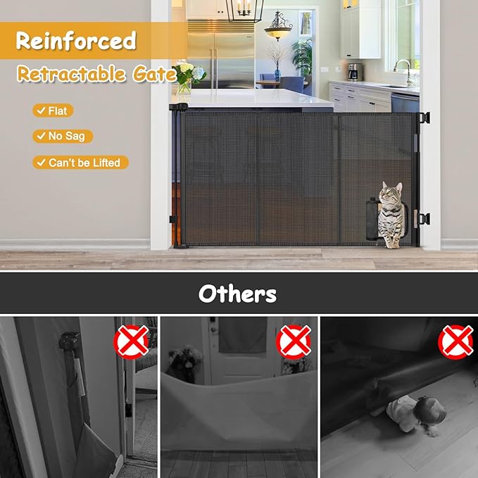 Reinforced 60” Wide Retractable Baby Gate with Cat Door 33” Tall Retractable Pet Gates with Reinforced Strips Mesh Dog Gate with Cat Door Mesh Gates for Kids or Pets Cats Can in and Out Freely,Black