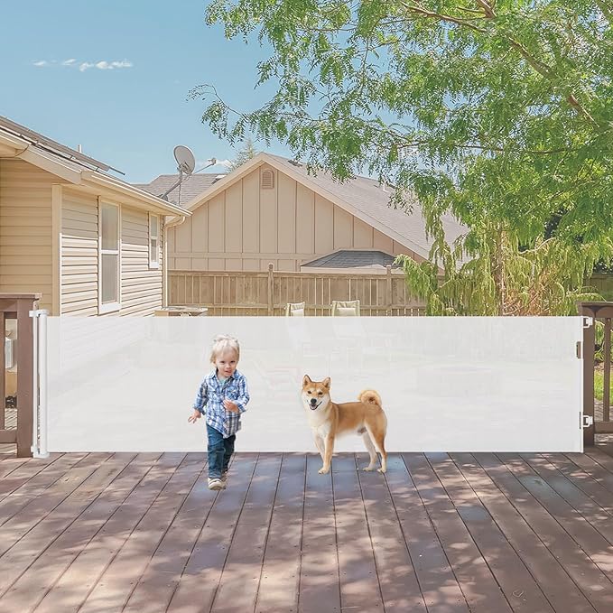 140 Inch Wide Retractable Baby Gates Retractable Dog Gate for Large Openings, Extra Wide Baby Gates for Dogs Indoor Retractable Gate Outdoor Pet Gate, Mesh Gates for Kids or Pets Dog Fence, White