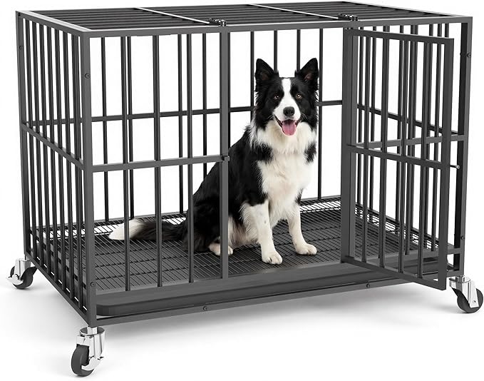 42 in Heavy Duty Dog Crate Steel Escape Proof, Indoor Double Doors and Lockable Wheels,Removable Tray, for Medium and Large Large Dog Breeds,XL