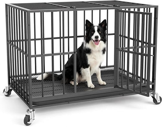 42 in Heavy Duty Dog Crate Steel Escape Proof, Indoor Double Doors and Lockable Wheels,Removable Tray, for Medium and Large Large Dog Breeds,XL