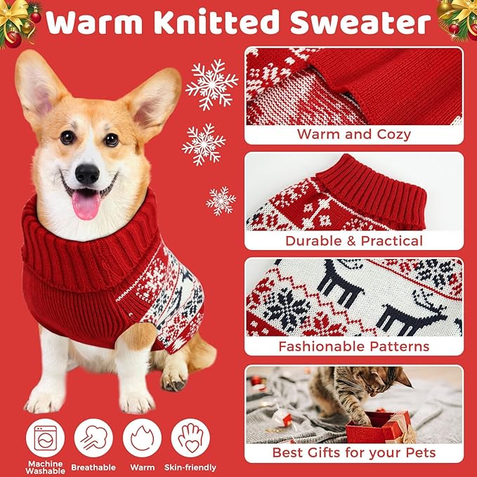 Christmas Dog Sweaters for Small Medium Large Dogs and Cats,Pet Soft Warm Holiday Outfit Girl & Boy,Pup Winter Clothes Turtleneck Double Knitting Collar for Outdoors Playing (Deer, XL)