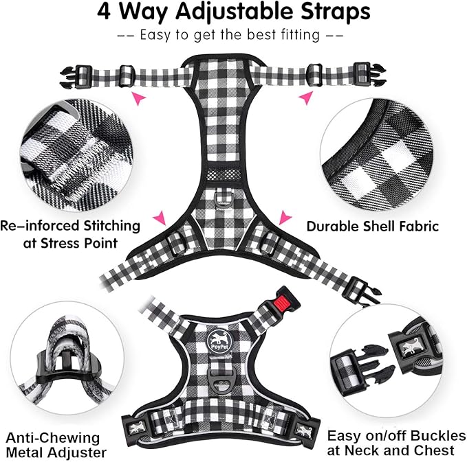 PoyPet No Pull Dog Harness, [Neck Release] Reflective Adjustable No Choke Pet Vest with Front & Back 2 Leash Attachments, Soft Control Training Handle for Small Dogs(Grid,L)