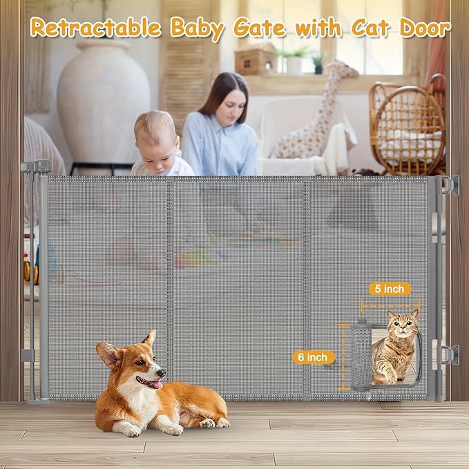 Reinforced 60” Wide Retractable Dog Gate with Cat Door Gates for Pets with Reinforced Strips 33” Tall Mesh Baby Gate Retractable Pet Gates for Dogs Indoor with Door Cats Can in and Out Freely, Gray