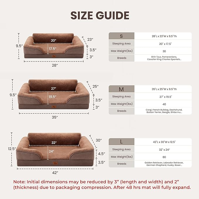 Orthopedic Dog Beds for Medium Size Dogs, Waterproof Egg-Crate Foam Pet Couch Bed with Soft Sides, Non-Slip Dog Sofa with Fleece Removable Washable Cover, 28" L Supportive Pet Sofa, Brown