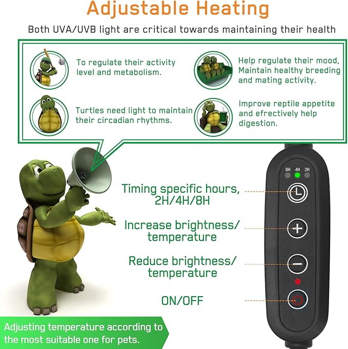 Timed Reptile Heat Lamp with Clamp, Adjustable UVA/UVB Basking Light, 360° Rotatable Clip and Power Adapter for Aquarium (Bulb Included)
