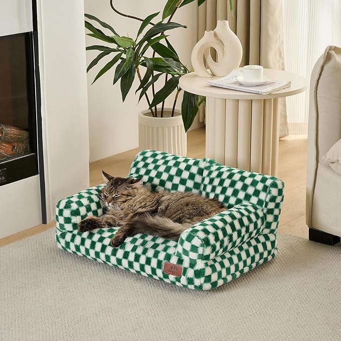 Hollypet Fluffy Dog Cat Bed Pet Couch Beds Plush Soft Warming Washable Puppy Bed for Small Medium Dogs and Large Cats, Forest Green and White, 24" L x 18" W x 10" Th