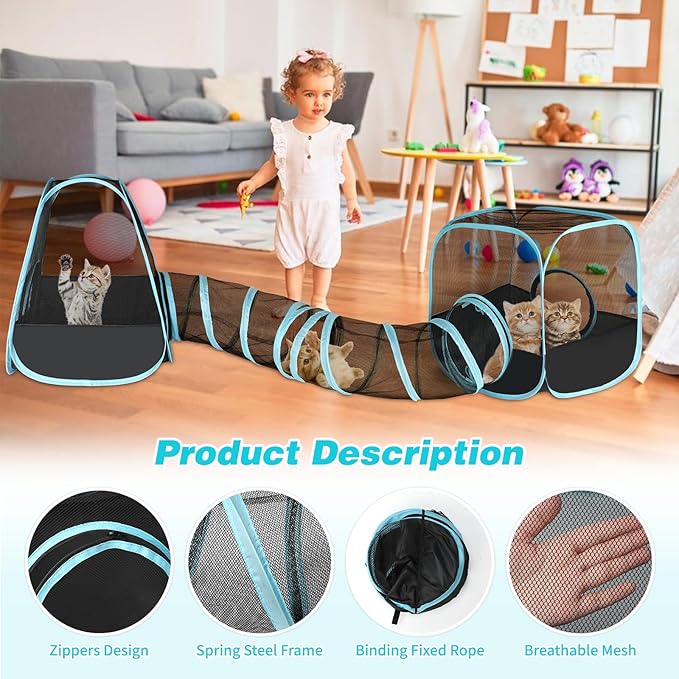 Rabbit Playpen with Tunnel, Breathable & Transparent Rabbit Playpen Pop Open Tent with Tube for Dwarf Rabbits,Ferret, Small Animal Playpens Bunny Tunnels Exercise Play Indoor or Outdoor