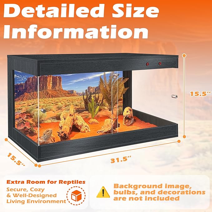 ROYXEN Reptile Tank, 34 Gallons Reptile Enclosure with Lockable Design, Tempered Glass Bearded Dragon Tank for Lizard Habitat, Soild Wood Built-in Sockets (Black, 31.5"x15.5"x15.5")