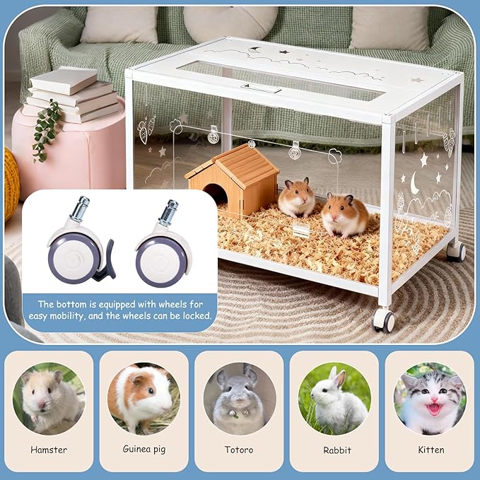 Large Hamster Cage Guinea Pig Cage Habitat, Metal Frame with Acrylic Transparent Viewing, Small Pet House Habitat for Small Animal Dwarf Syrian Hamster Hedgehog Gerbil