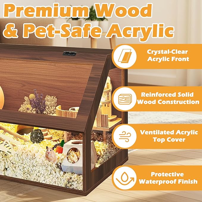 PROLEE Hamster Cage Chewproof, Sloped Mice and Rat Habitat with Clear View, Solid Built with Lockable Design and Openable Top (Walnut)