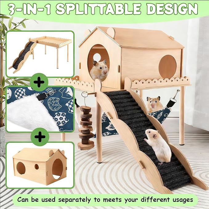 Guinea Pig Hideout Wooden Guinea Pig Castle with Stair, Hammock and House Detachable Double-Decker Guinea Pigs House for Guinea Pigs Hamsters Rabbit Chinchilla Small Animal Hiding Sleeping Activities
