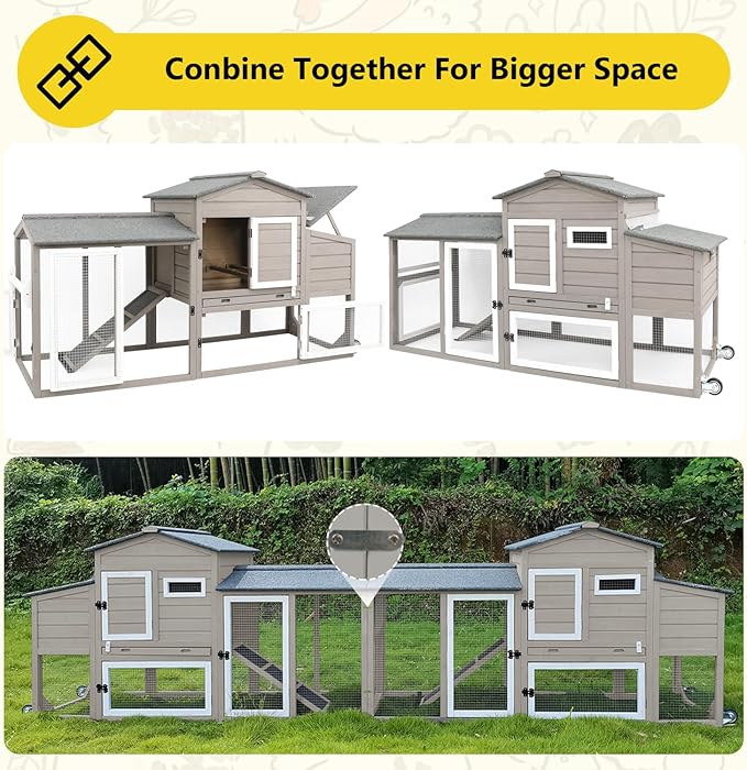 Chicken Coop for 2-3 Chickens, with Large Nesting Box, No-Slip Ramp & Pull-Out Tray, Wooden Poultry Bunny Hutch for Outdoor Indoor