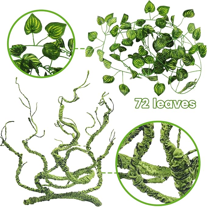 QUOZUO Bearded Dragon Tank Accessories, Terrarium Hanging Plant Vines Artificial Leaves Reptile Hide, Bridge Jungle Climber Reptile Vines for Snakes Bearded Dragon Chameleon Gecko Lizard