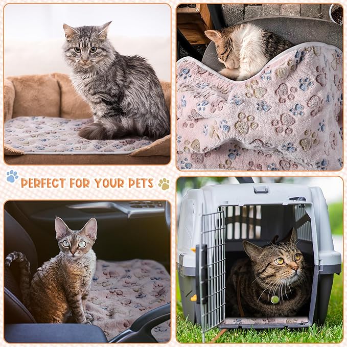 Tatuo 4 Pcs Dog Blanket for Pet Cat Blankets Indoor Puppy Teething Stuff Toys Paw Print Fleece Blanket Warm Sleep Mat for Guinea Pig Cage(Beige,Small(24 x 16 Inch),Square)
