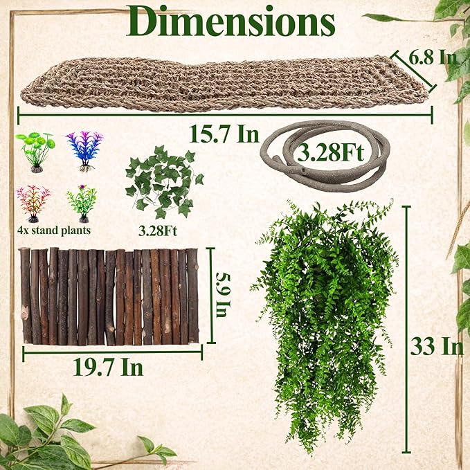 HERCOCCI Bearded Dragon Tank Accessories, Large Reptile Bridge Hammock Flexible - Jungle Climbing Vines and Leaves with Suction Cups Habitat Décor for Hiding& Climbing Snake Gecko Lizard Chameleon
