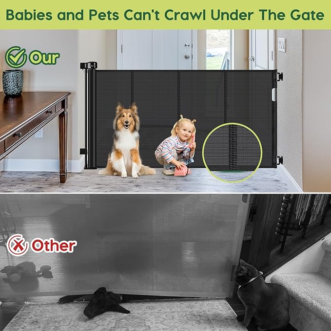 Reinforced 55" Wide Retractable Baby Gates with Reinforced Strips, Indoor/Outdoor Retractable Dog Gate for Doorway Prevent Bottom Drilling Through, No Bottom Bar Safety Mesh Baby Gate for Stair, Black
