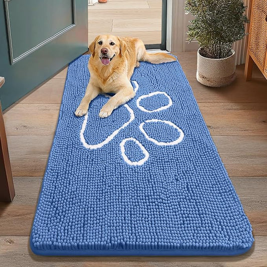 Smiry Dog Door Mat for Muddy Paws, Absorbent Dirt Trapper Non Slip Quick Dry Washable Chenille Mat for Mud Dogs, Entry Rug for Indoor and Outdoor (48x30 Inches, Cornflower Blue and White)