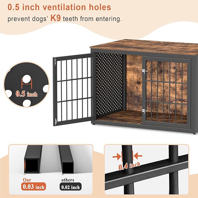 rehomerance 48" Rustic Heavy Duty Dog Crate Furniture for Extra Large Dogs, Metal Kennel for High Anxiety Dogs, Wooden Cage Furniture Indoor, Decorative Dog Kennel End Table, XL