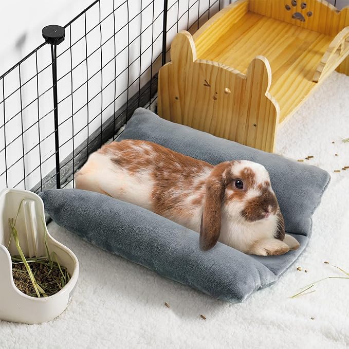 MEWTOGO 15.7" x 14" Bunny Bed for Rabbit Cage - Thickened Soft Prevent Sore Hocks Plush Mat with Cotton Lounger Pillows, Small Animal Flop Mat for Hutch Sleeping Indoor, Gray