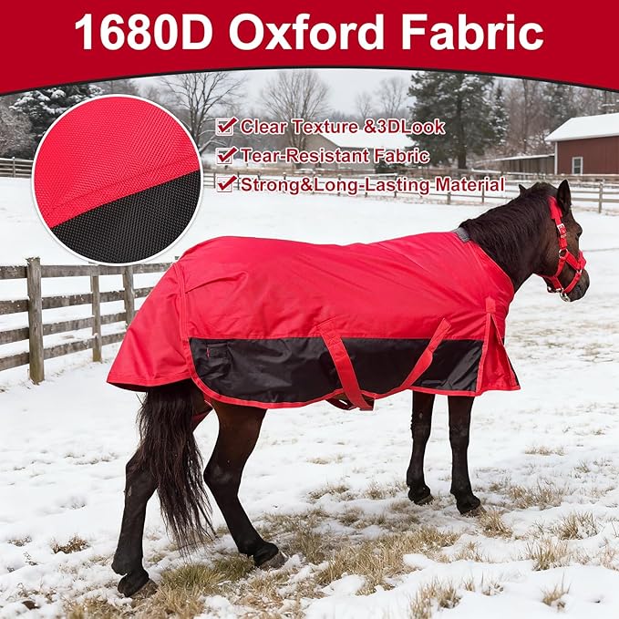 Mini Horse Pony Foal Horse Blankets,1600D Oxford Cold Weather Horse Trunout Sheets, Medium Weight Winter Horse Care Blankets with 280g Filling Liner (Red&Black, US 47 inch/EU 90 cm)