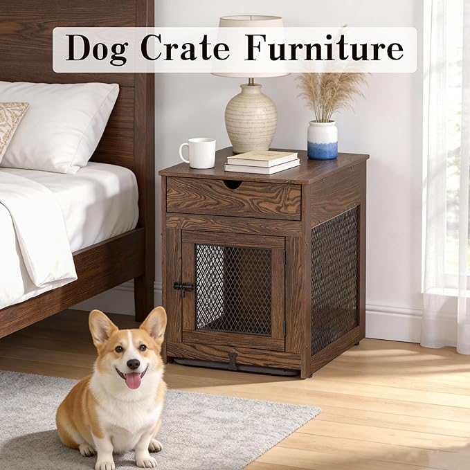 Piskyet Dog Crate Furniture,Wooden Dog Crate End Table with Storage Drawer&Cushion&Tray, QC3.0 Wireless Charging,Dual USB,Small Dogs Rustic Style